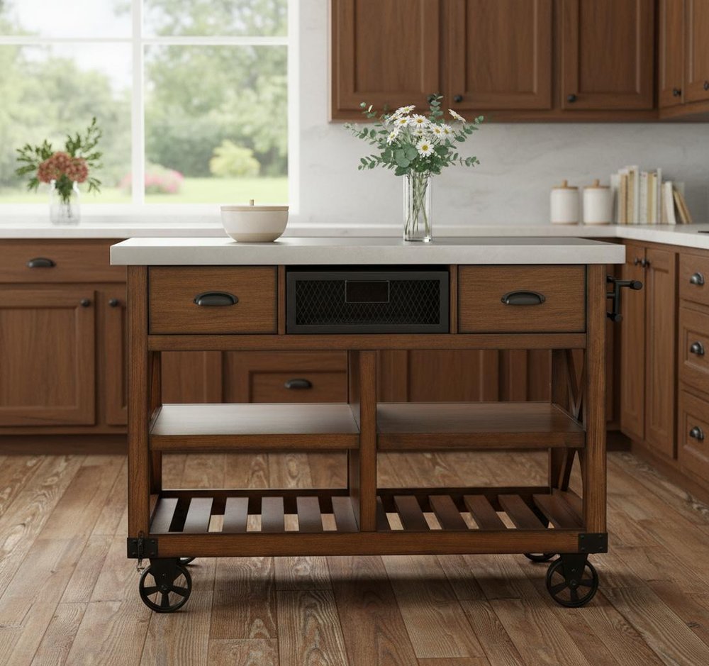 Brown And Silver 48" Rolling Kitchen Cart With Storage