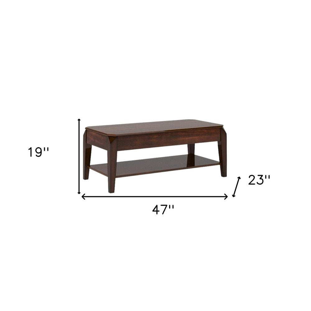 47" Dark Brown Wood Lift Top Coffee Table With Shelf