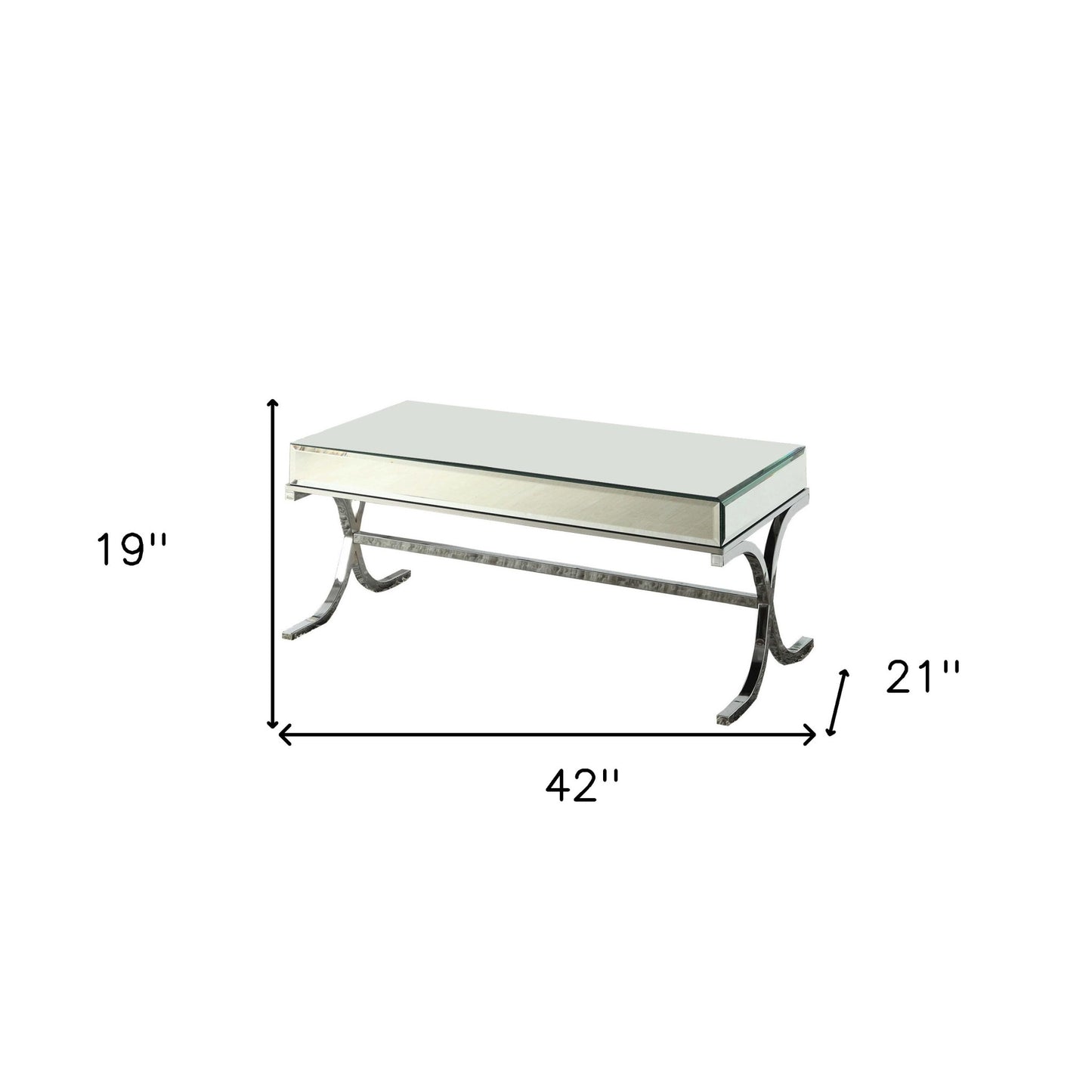 42" Clear and Silver Mirrored Glass And Iron Sled Coffee Table