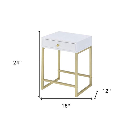 24" Gold And White Solid Wood End Table With Drawer