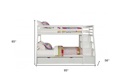 95" X 56" X 65" Twin Over Full White Storage Ladder And Trundle Bunk Bed