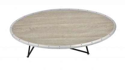 46" Natural and Black Wood And Iron Round Abstract Coffee Table