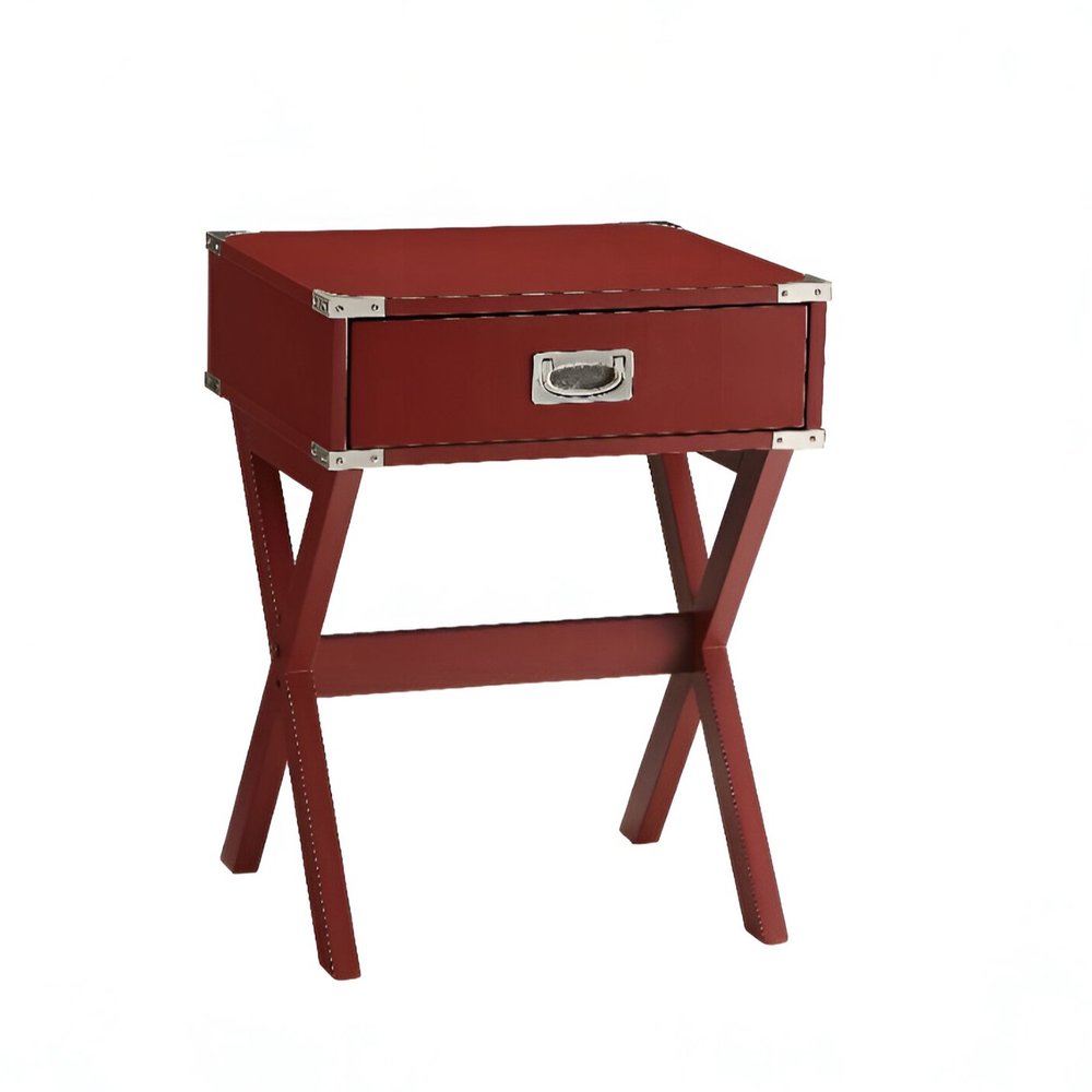 24" Red Wood Cross Legs End Table With Drawer