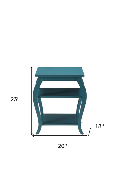 23" Teal Blue Wood Bow Leg End Table With Two Shelves