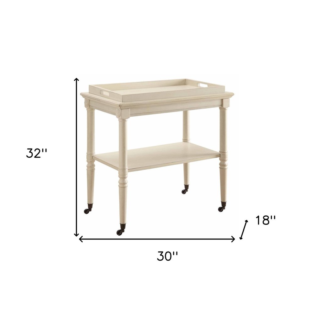 30" Antiqued White Wood Rolling Bar Cart