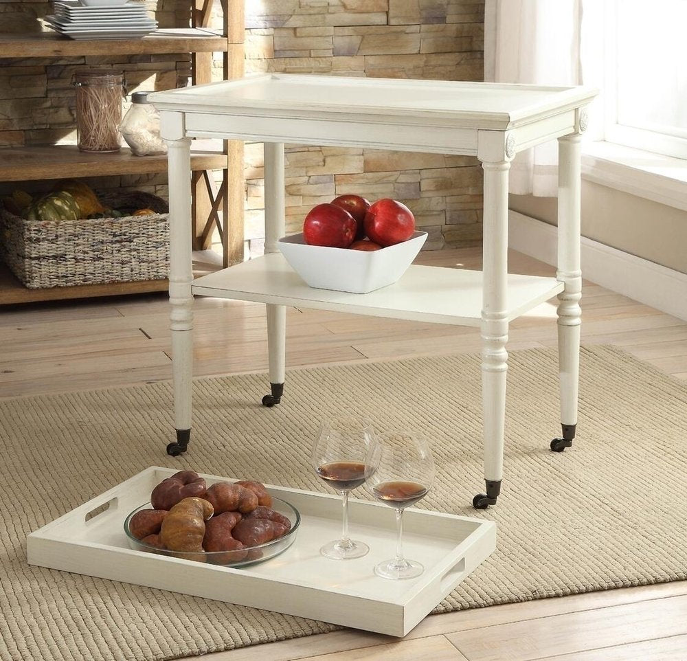 30" Antiqued White Wood Rolling Bar Cart