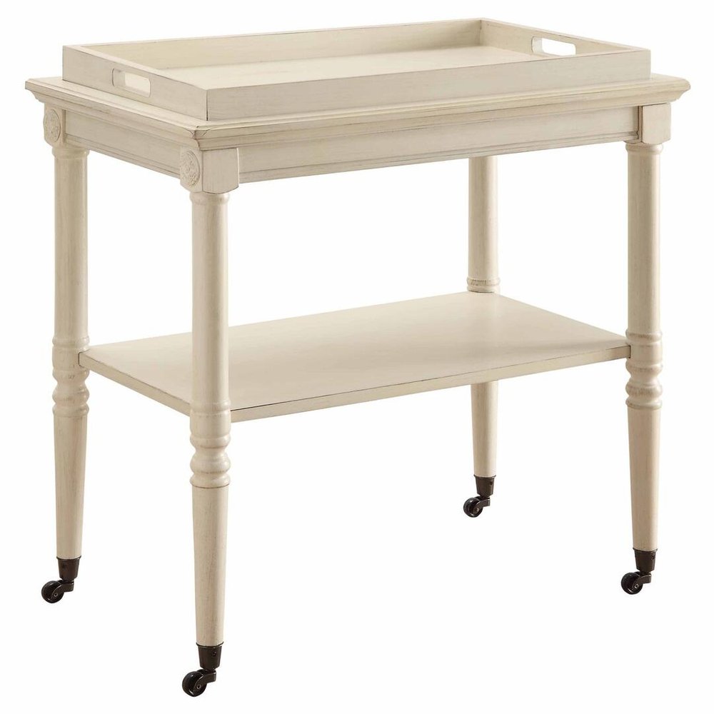 30" Antiqued White Wood Rolling Bar Cart