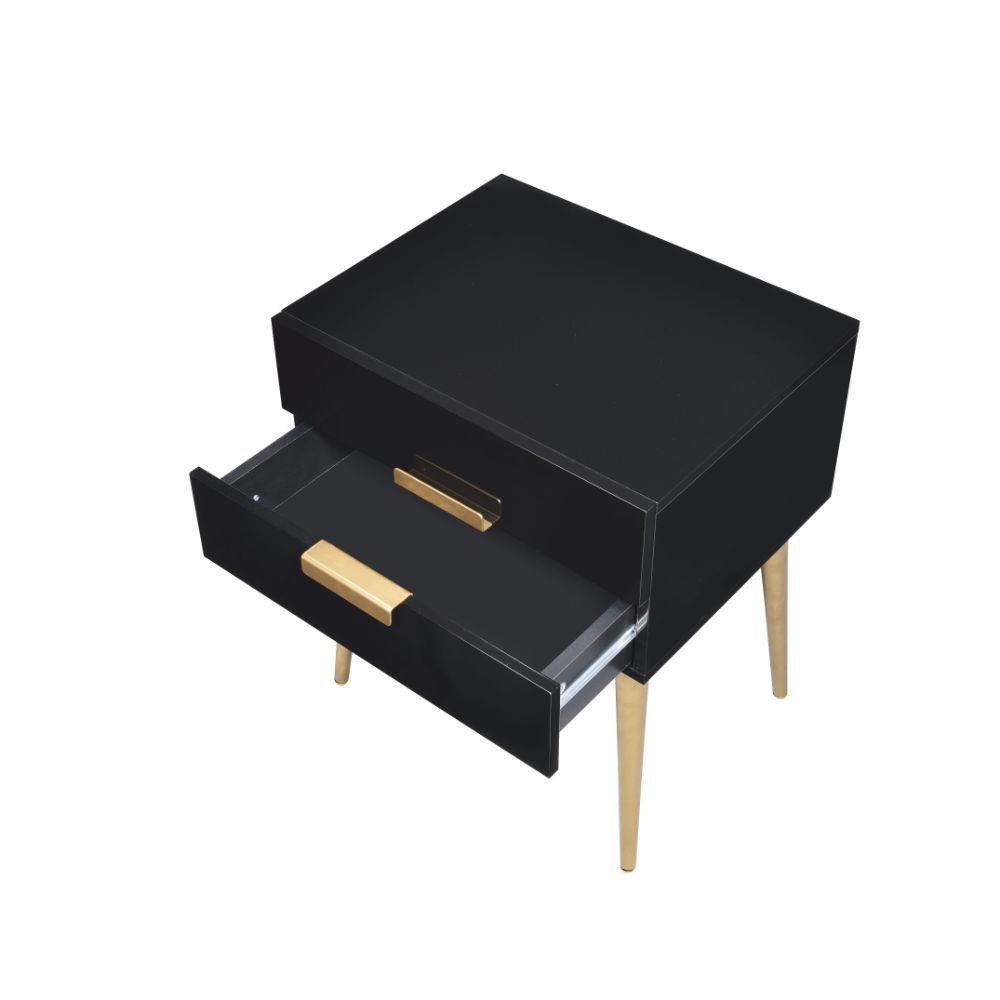 24" Black And Gold Wood And Iron End Table With Two Drawers