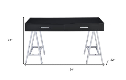 54" Black and Silver Writing Desk With Two Drawers