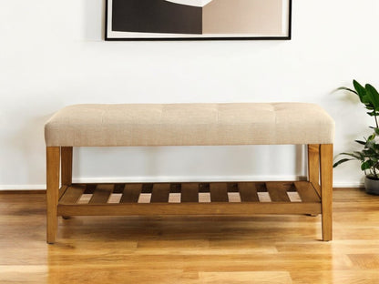 40" Light Gray and Brown Upholstered Polyester Bench with Shelves