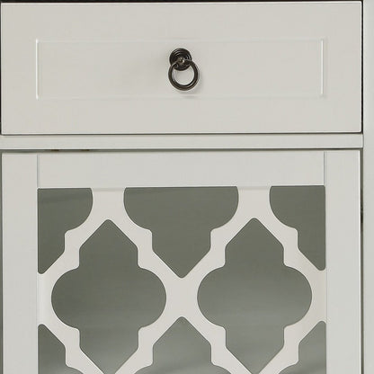 17" White Fret Work Design Glass Door Accent Cabinet