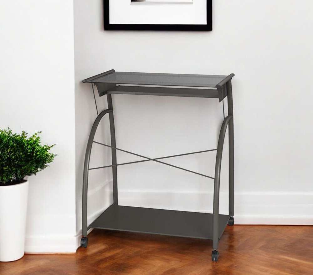 32" Clear and Silver Glass and Stainless Steel Mirrored Rolling Computer Desk