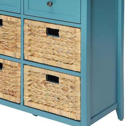 30" Teal Wood And Water Hyacinth Accent Cabinet With Six Drawers