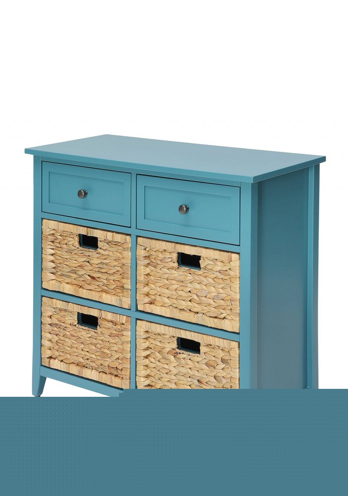 30" Teal Wood And Water Hyacinth Accent Cabinet With Six Drawers