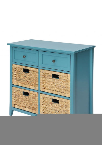 30" Teal Wood And Water Hyacinth Accent Cabinet With Six Drawers