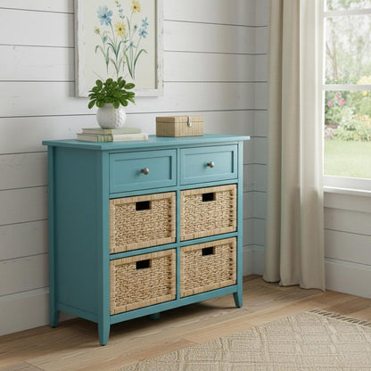 30" Teal Wood And Water Hyacinth Accent Cabinet With Six Drawers