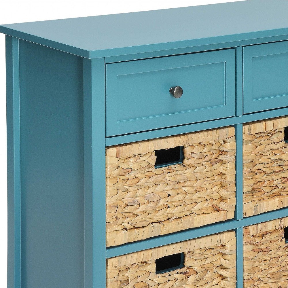 30" Teal Wood And Water Hyacinth Accent Cabinet With Six Drawers
