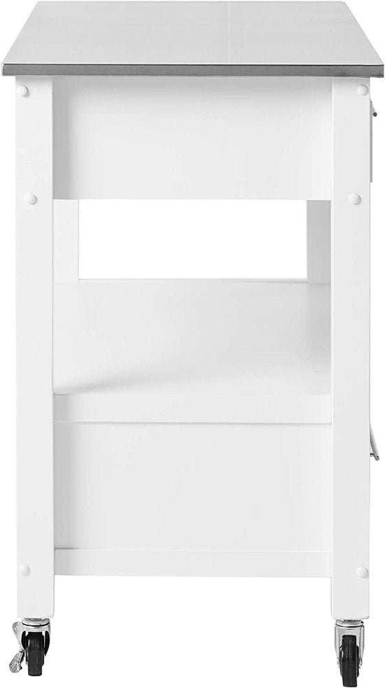 White and Silver 43" Rolling Kitchen Island With Storage