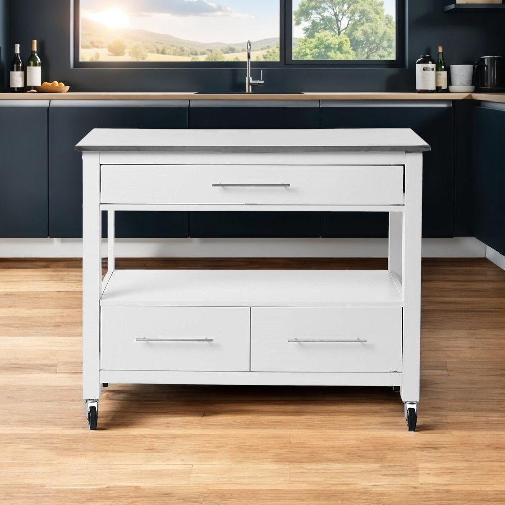 White and Silver 43" Rolling Kitchen Island With Storage