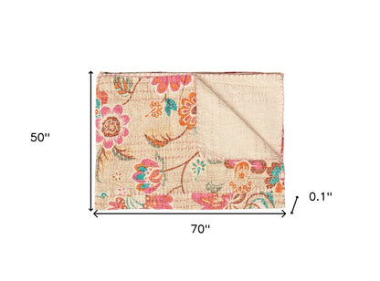 50" X 70" Beige Pink Orange and Green Cotton Kantha Floral Throw Throw Blanket with Embroidery