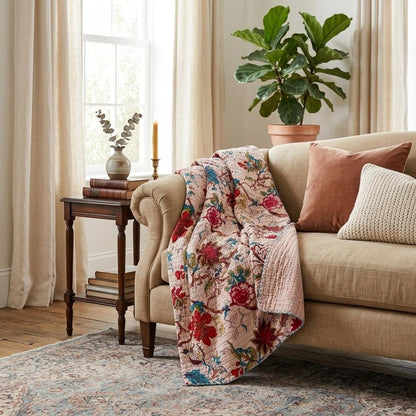 50" X 70" Pink and Red Kantha Cotton Floral Throw Blanket with Embroidery