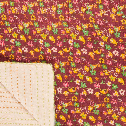 50" X 70" Maroon Yellow and Green Kantha Cotton Floral Throw Blanket with Embroidery