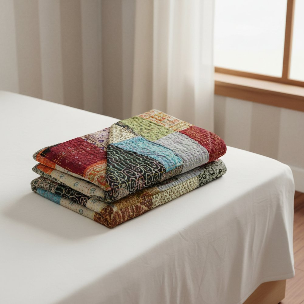 60" X 90" Blue Black and Brown Kantha Cotton Patchwork Throw Blanket with Embroidery