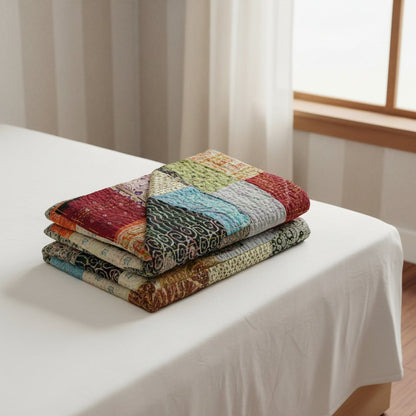 60" X 90" Blue Black and Brown Kantha Cotton Patchwork Throw Blanket with Embroidery