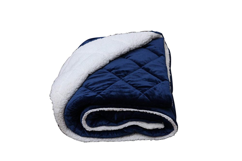 60" X 80" Navy Blue Fleece And Microfiber Quilted Plush Throw Blanket