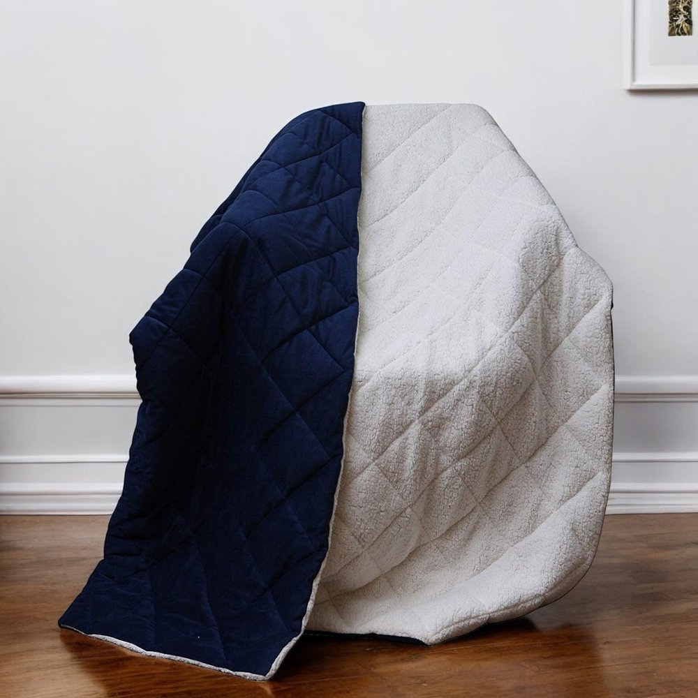 60" X 80" Navy Blue Fleece And Microfiber Quilted Plush Throw Blanket