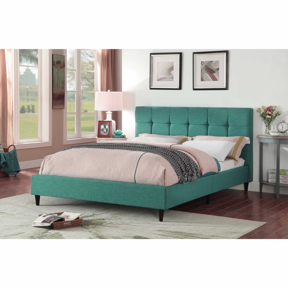 Turquoise Tufted Fabric Upholstered Queen Bed Frame