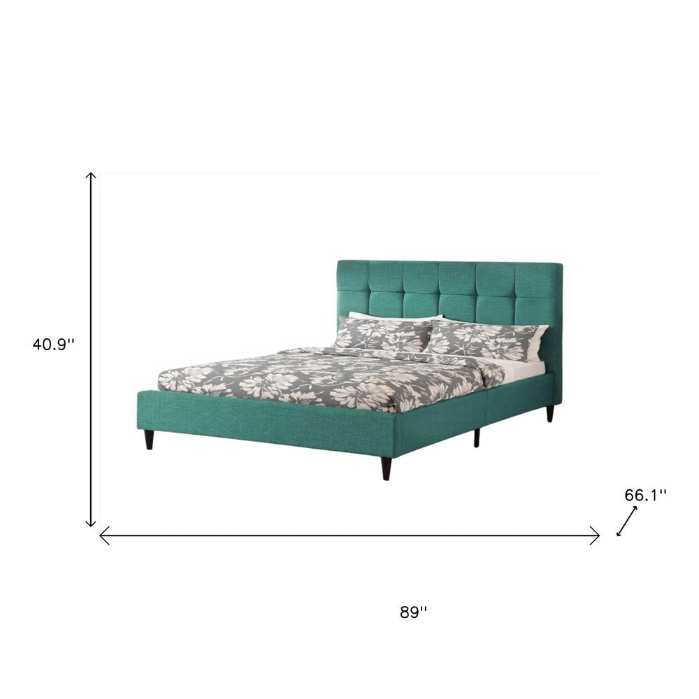 California King Blue Modern Upholstered Square Stitched Platform Bed