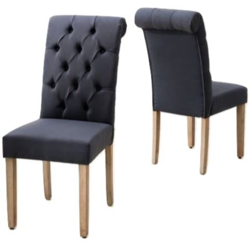 Set of Two Tufted Blue and Brown Upholstered Linen Dining Side Chairs