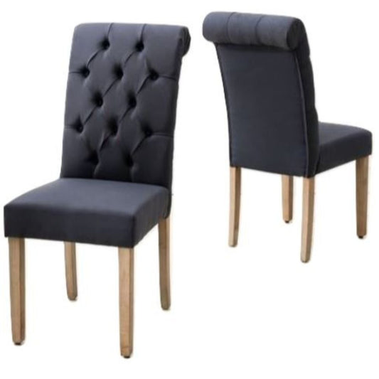 Set of Two Tufted Blue and Brown Upholstered Linen Dining Side Chairs