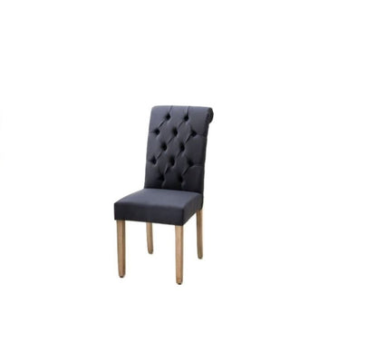 Set of Two Tufted Blue and Brown Upholstered Linen Dining Side Chairs