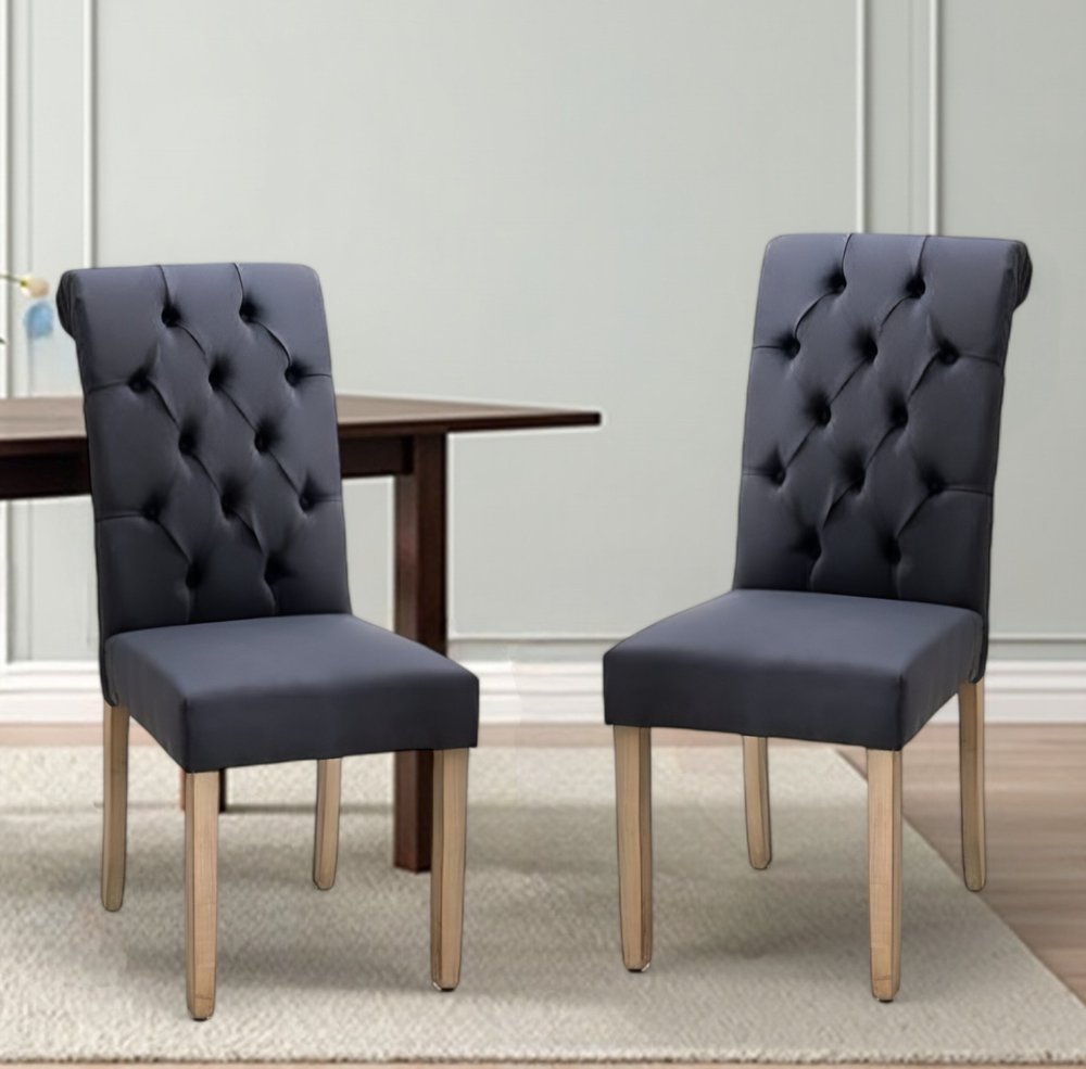 Set of Two Tufted Blue and Brown Upholstered Linen Dining Side Chairs