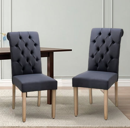 Set of Two Tufted Blue and Brown Upholstered Linen Dining Side Chairs
