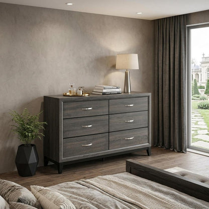 58" Gray Wood Six Drawer Double Dresser