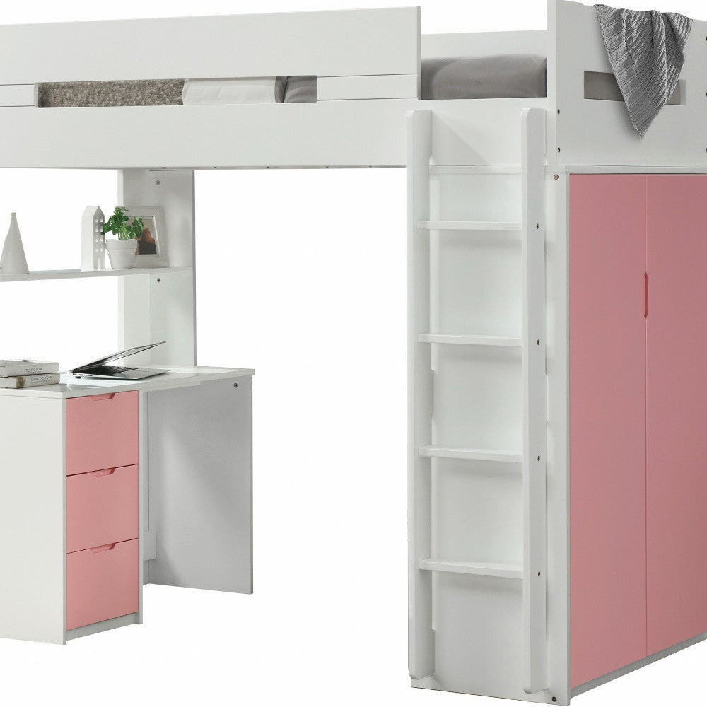 White And Pink Twin Loft Bed And Desk