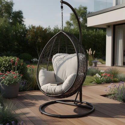 38" Black Metal Swing Chair With Beige Cushion