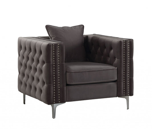 40" Dark Slate Gray and Silver Velvet Tufted Club Chair And Toss Pillow