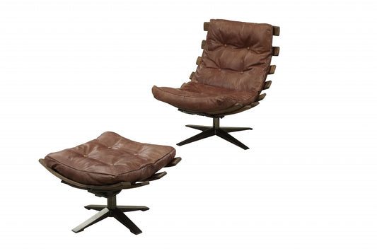 27" Brown and Black Top Grain Leather Tufted Swivel Lounge Chair With Ottoman