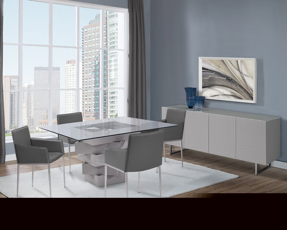 59" Clear And Gray Square Glass And Solid Wood Pedestal Base Dining Table