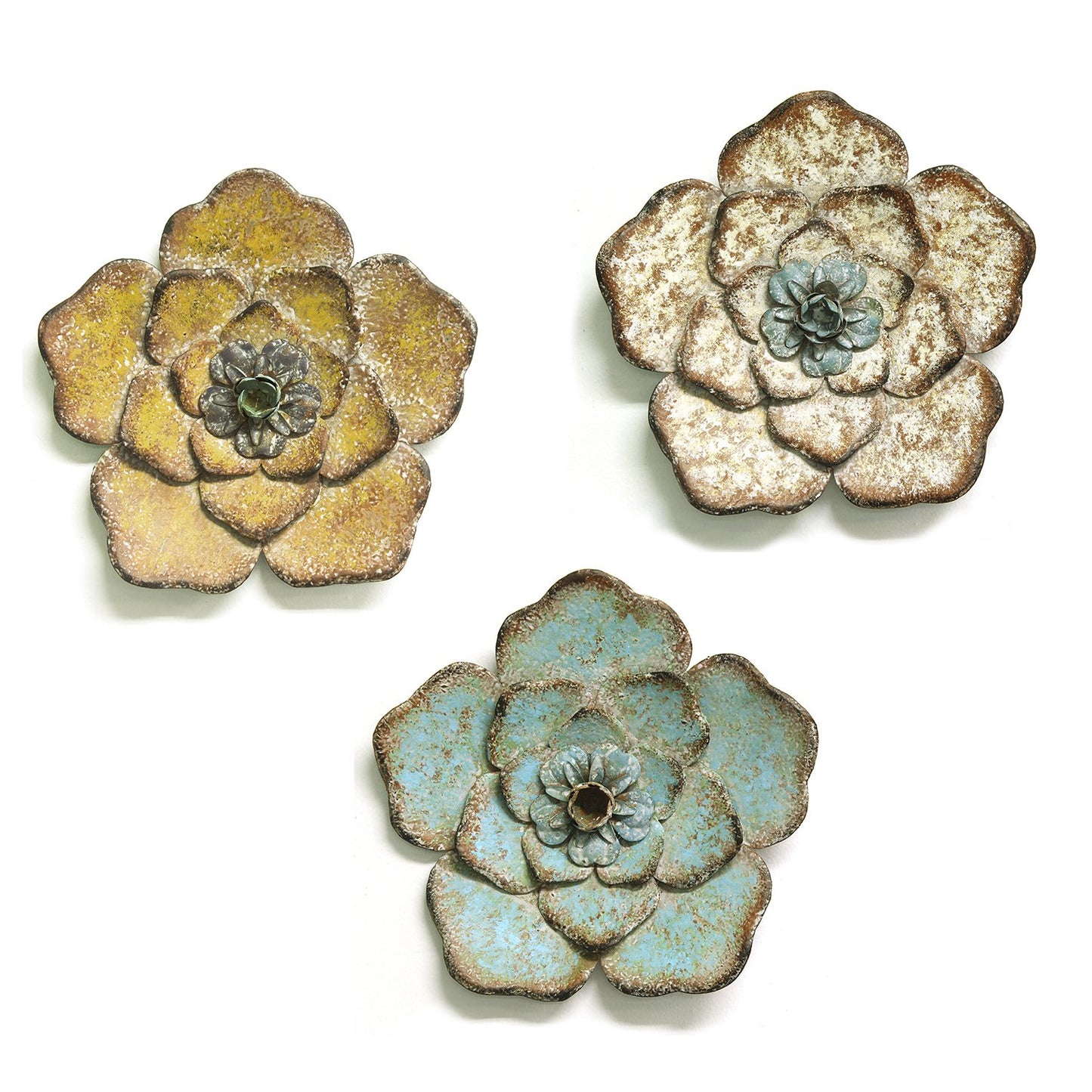 Set Of Three Teal Yellow And Ivory Chic Metal Flowers Wall Art Decor