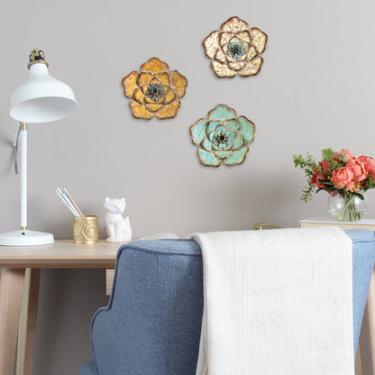 Set Of Three Teal Yellow And Ivory Chic Metal Flowers Wall Art Decor