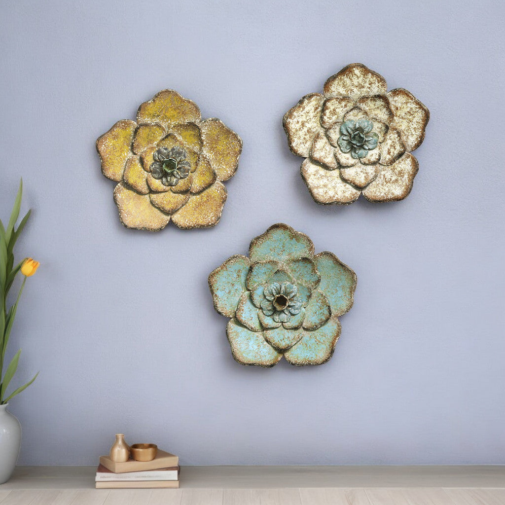Set Of Three Teal Yellow And Ivory Chic Metal Flowers Wall Art Decor