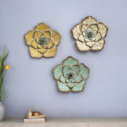 Set Of Three Teal Yellow And Ivory Chic Metal Flowers Wall Art Decor