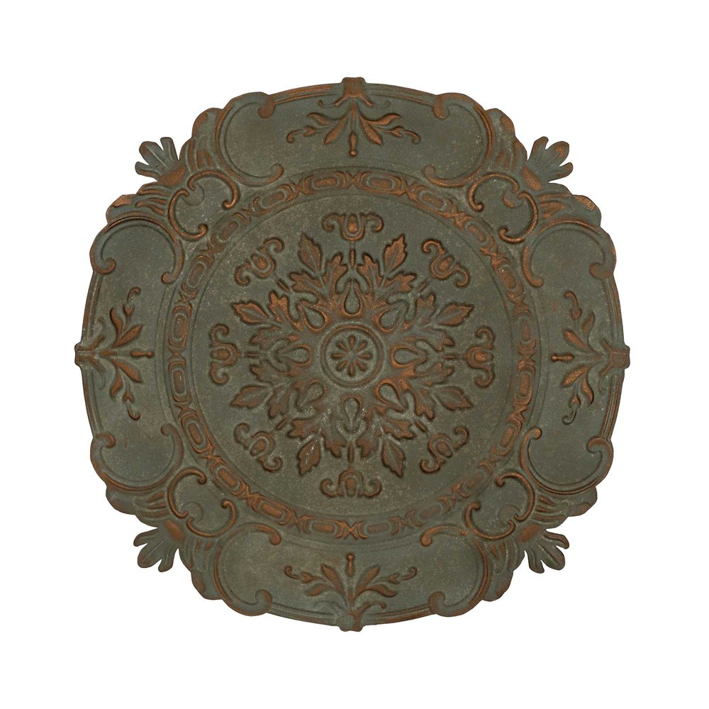31" Distressed Green European Medallion Metal Wall Decor