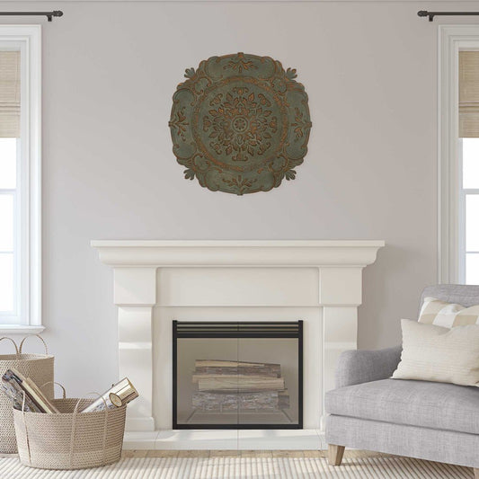 31" Distressed Green European Medallion Metal Wall Decor