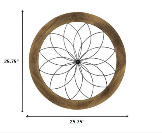 26" X 26" Light Brown Metal And Wood Circle Hanging Dimensional Sculpture